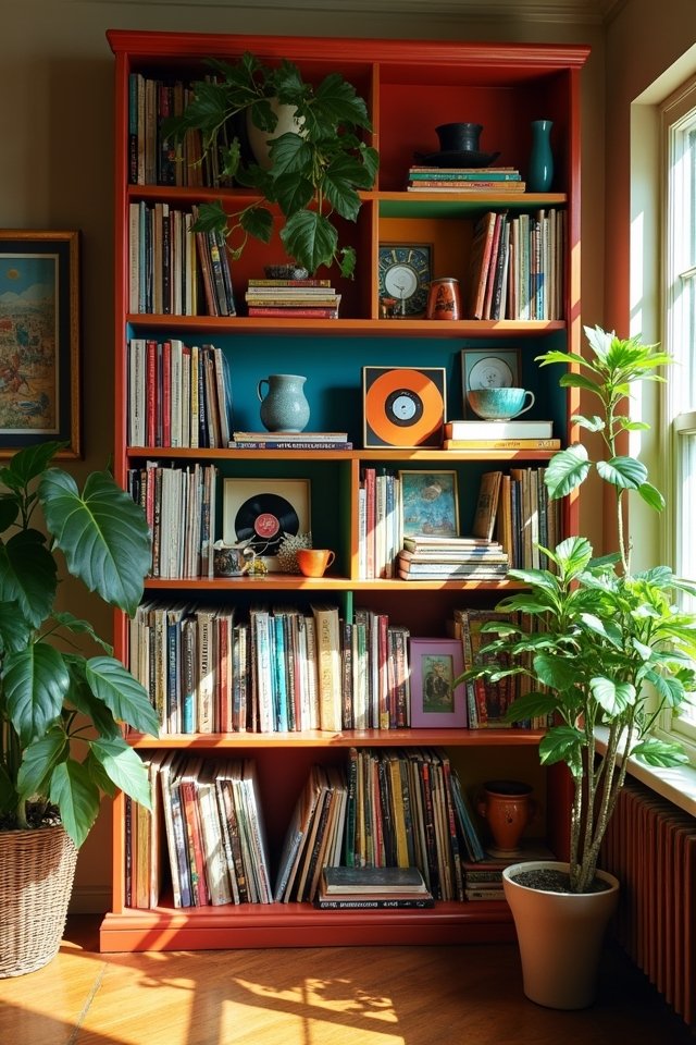 eclectic vibrant bookcase displays