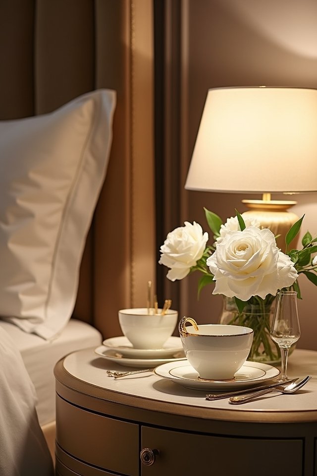 elegant gold rimmed nightstand accessories