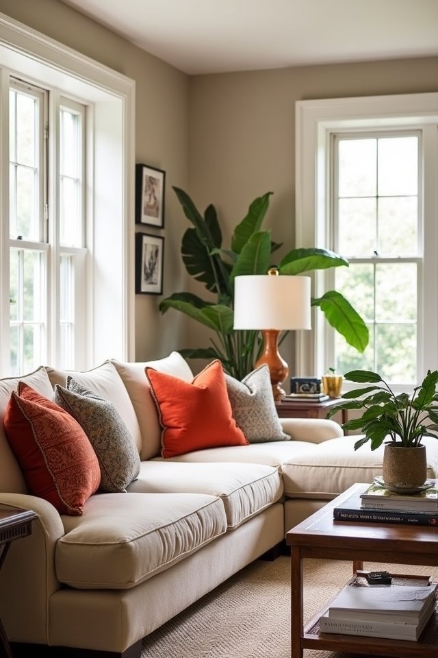 elegant sofas with vibrant cushions