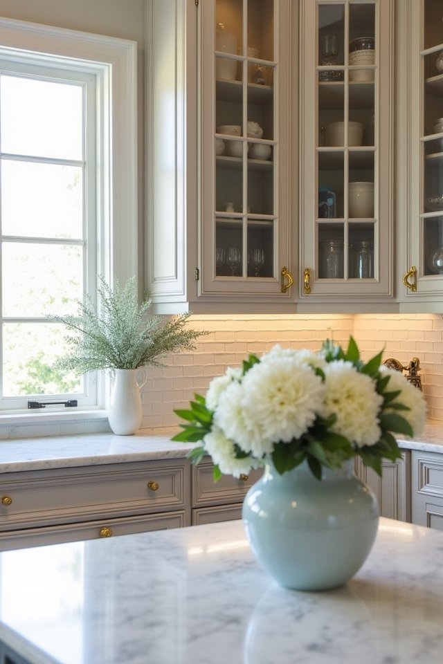 elegant taupe glass cabinets