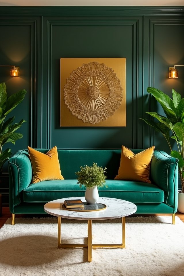 emerald sofa with gold accents