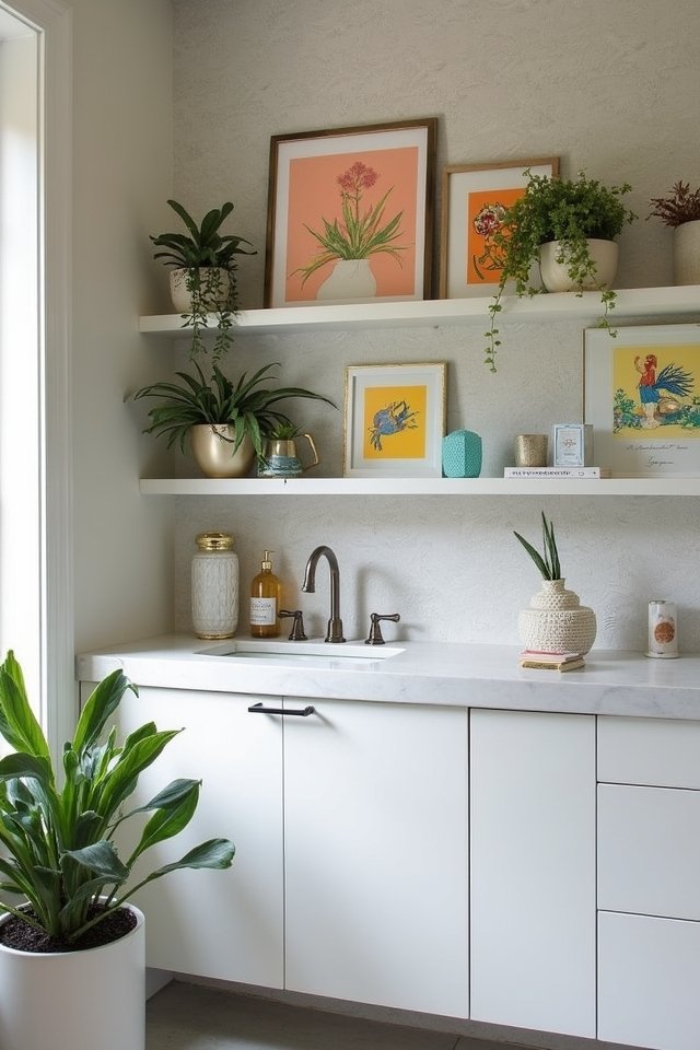 floating shelves with artwork