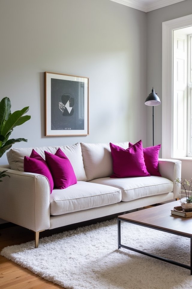 fuchsia pillows brighten sofas