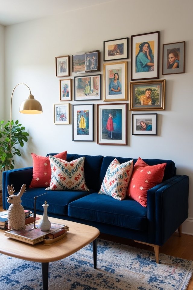 gallery wall with navy couch