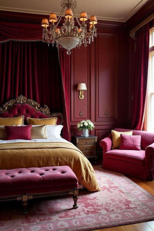 garnet hued luxurious bedroom retreat