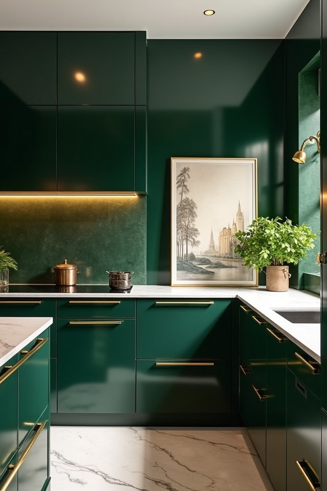 glossy green cabinets gold accents