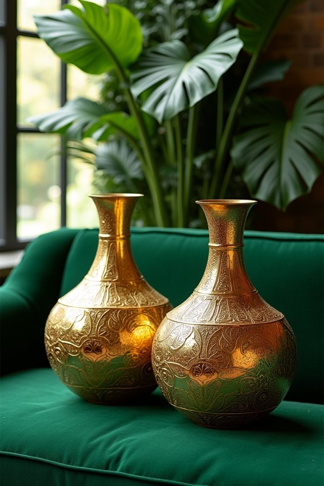 gold vases green backdrops