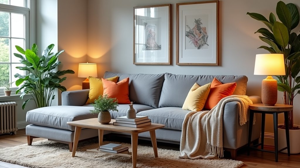 gray couch living room decor