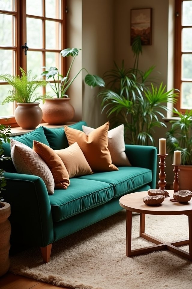 green couch earthy tones
