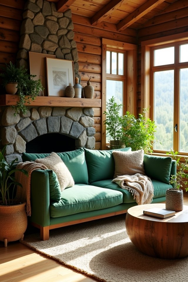 green sofa rustic charm