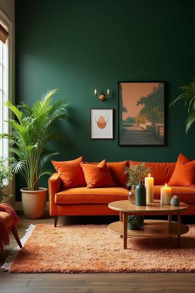 green walls burnt orange accents
