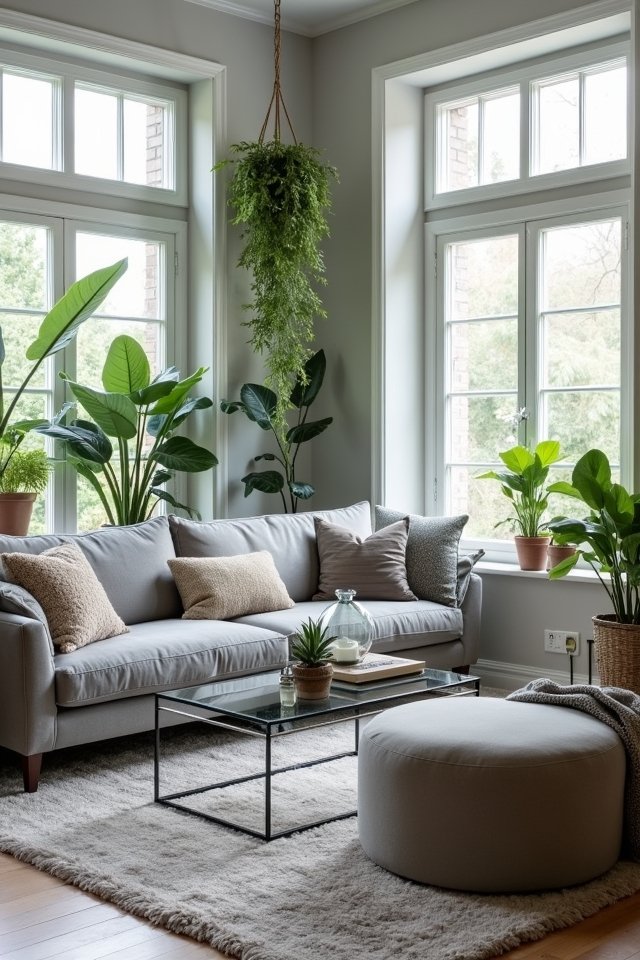 greenery enhances gray living room