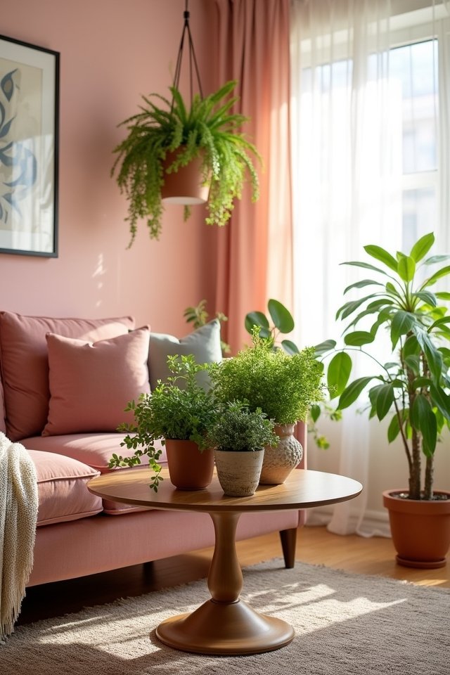 greenery enhances pink living room