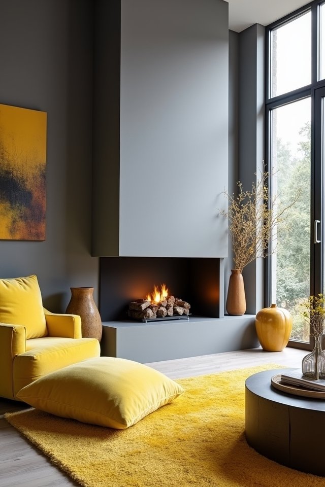 grey fireplace yellow accents