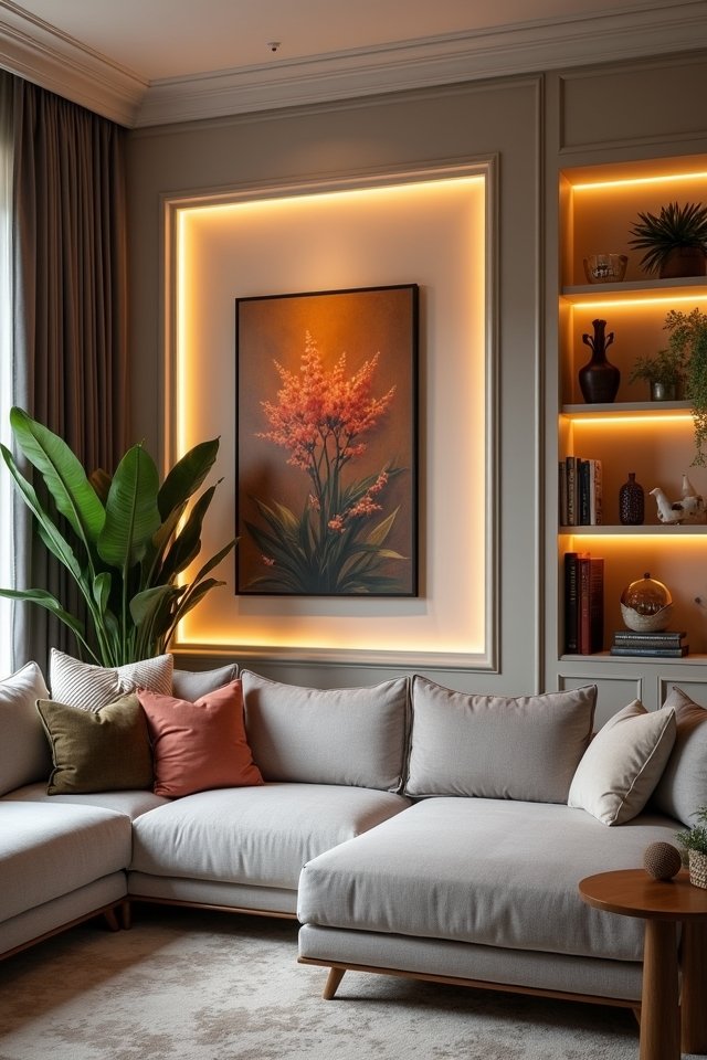 illuminated shelves and artwork