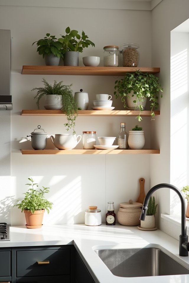 layered display kitchen shelves