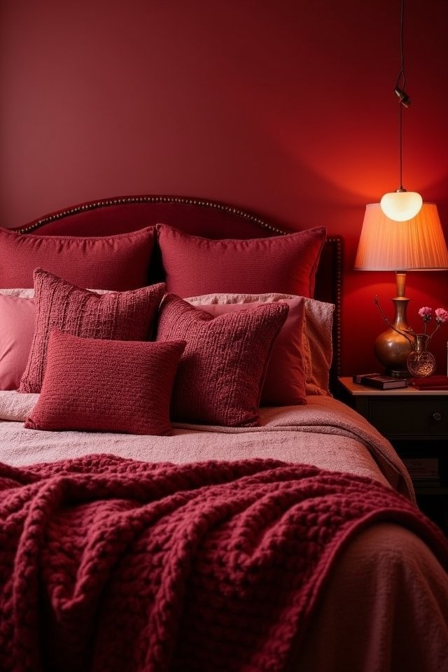 layered red throw pillows