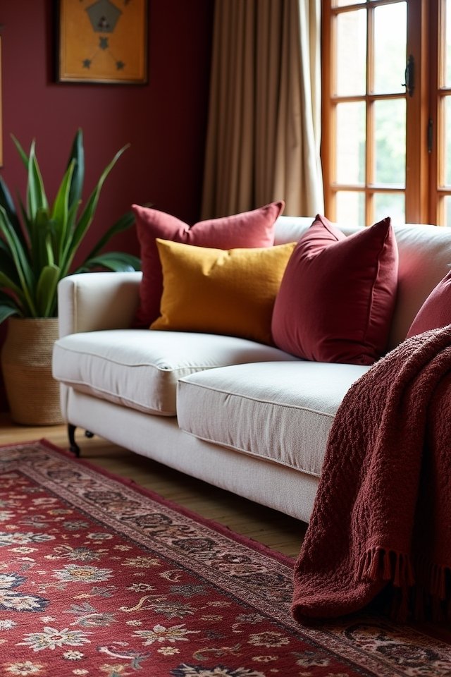 layering burgundy textured rugs