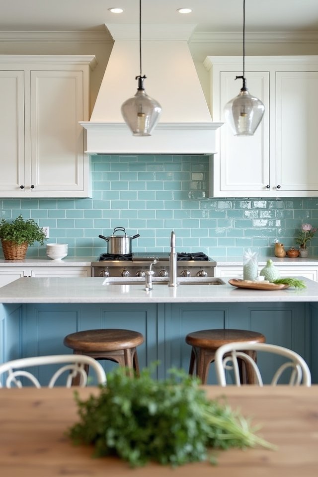 light blue tile backsplash