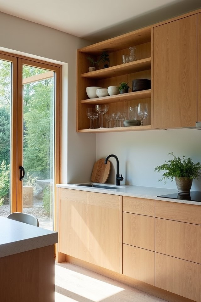 light oak open shelving