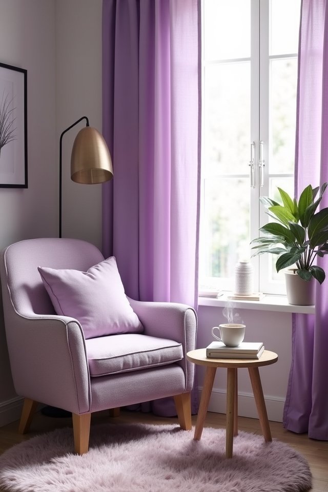 lilac themed cozy reading nook