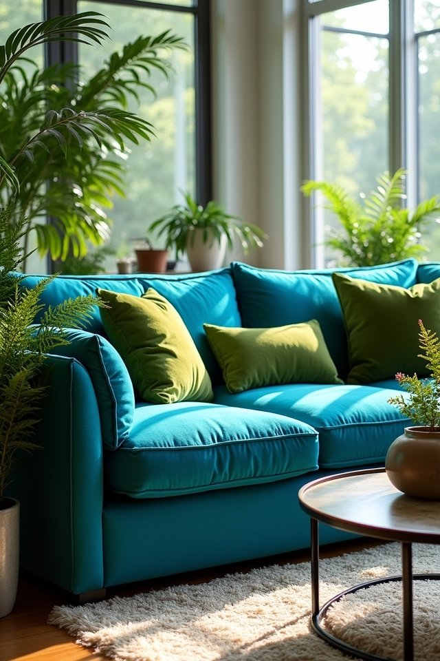 lush greenery vibrant blue cushions