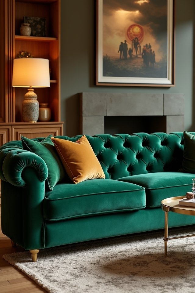 luxurious tufted green sofa