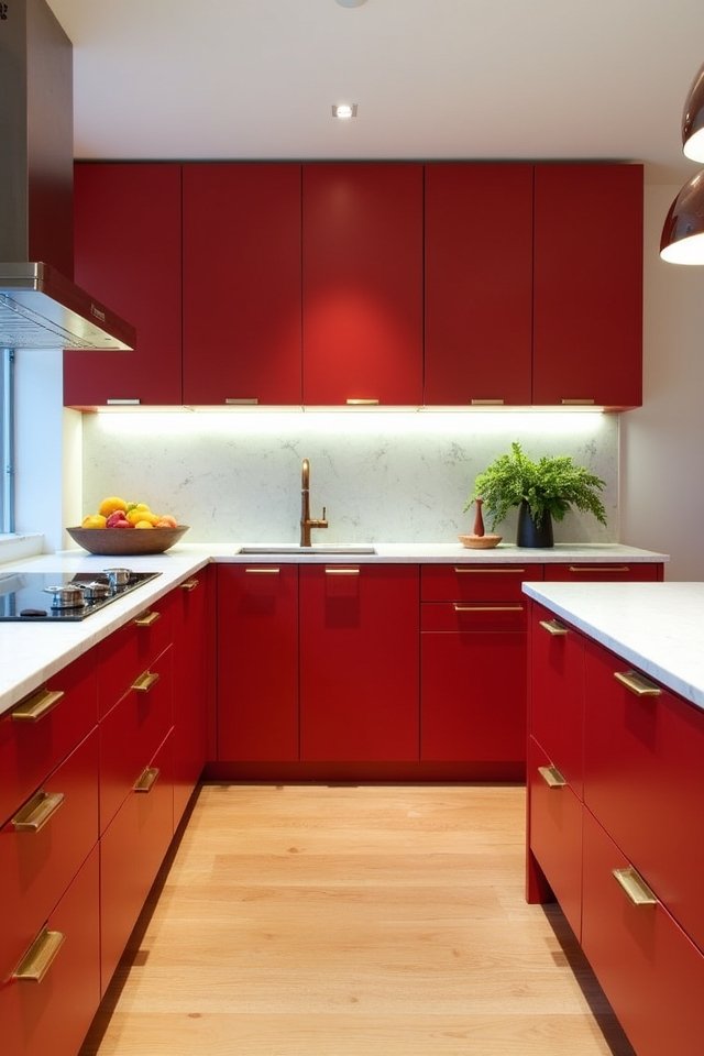 matte red cabinets brass hardware