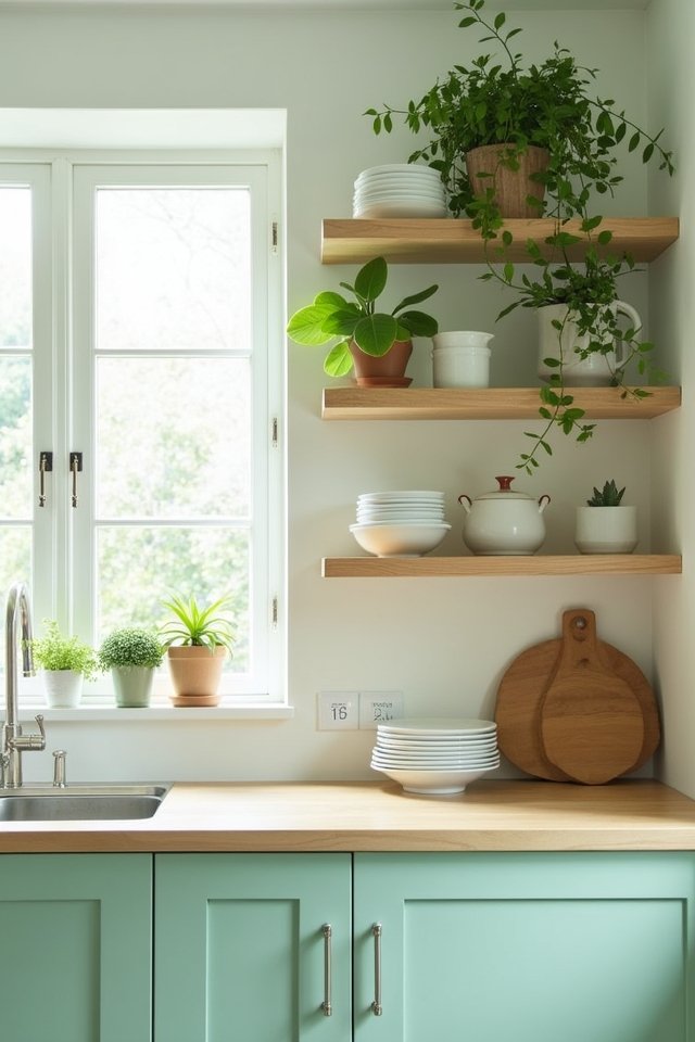mint green kitchen shelving