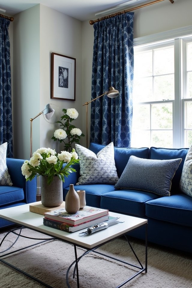 mix patterns with blue curtains