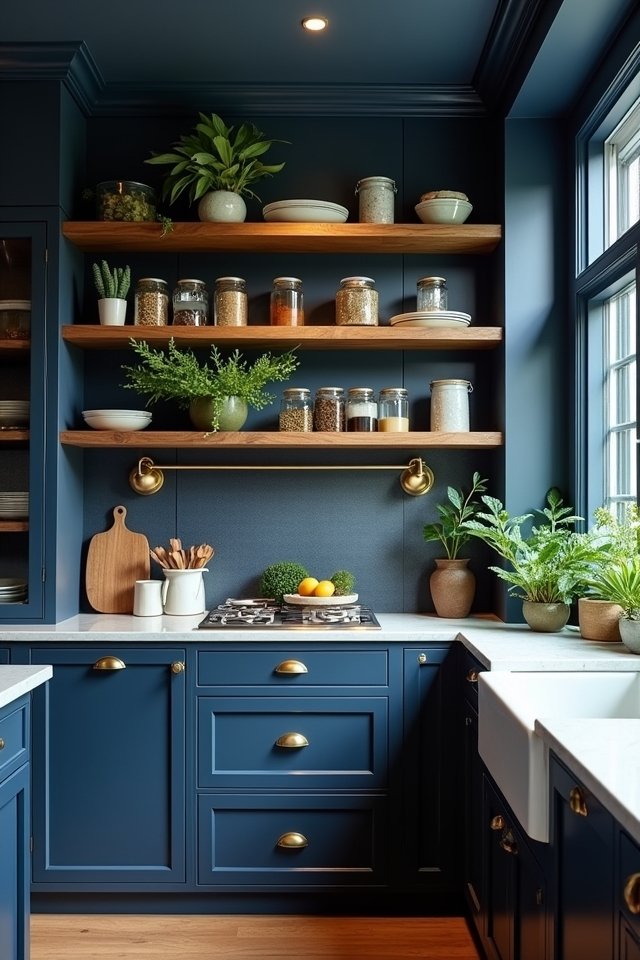 navy blue open shelving