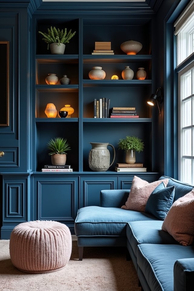 navy blue open shelving