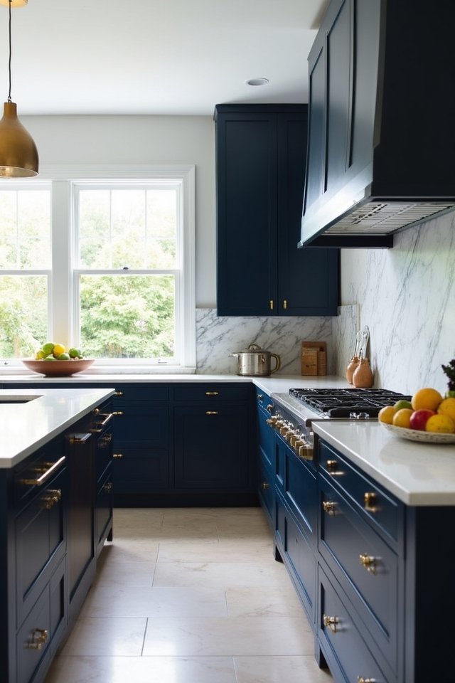 navy cabinets sleek appliances