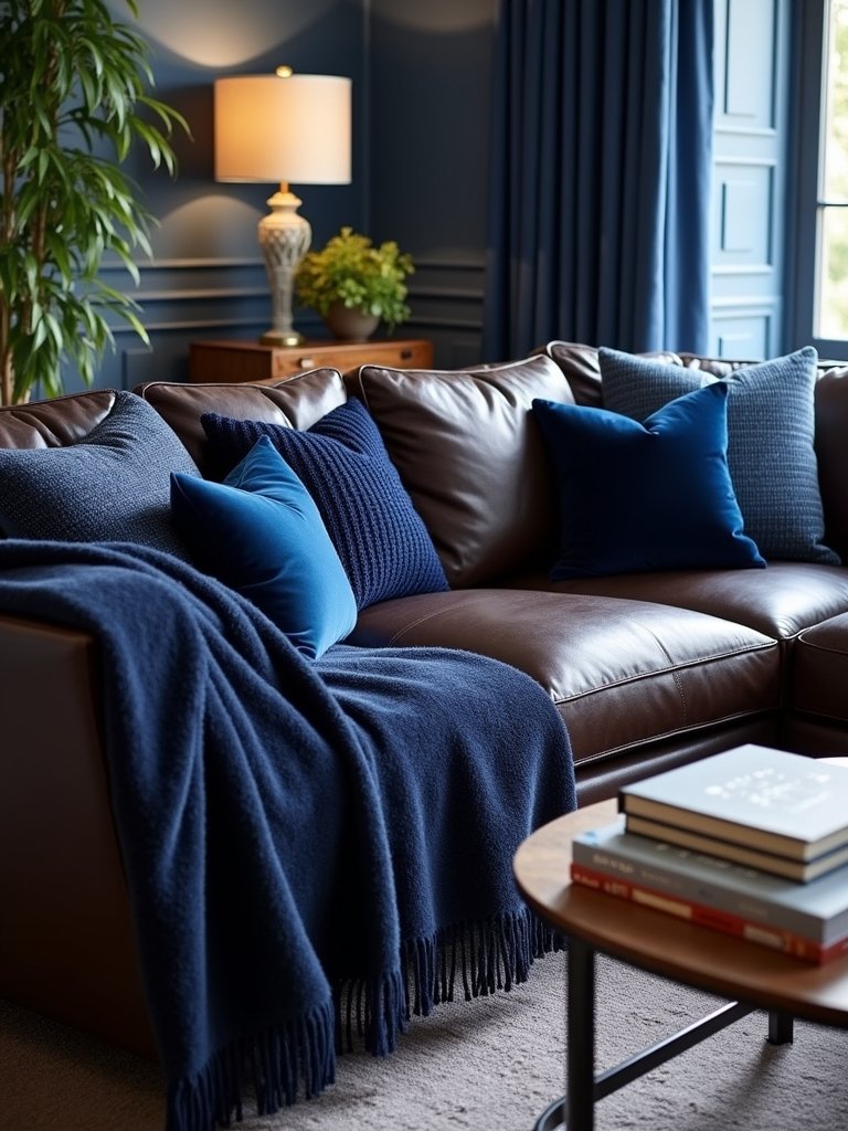 navy pillows enhance brown couch