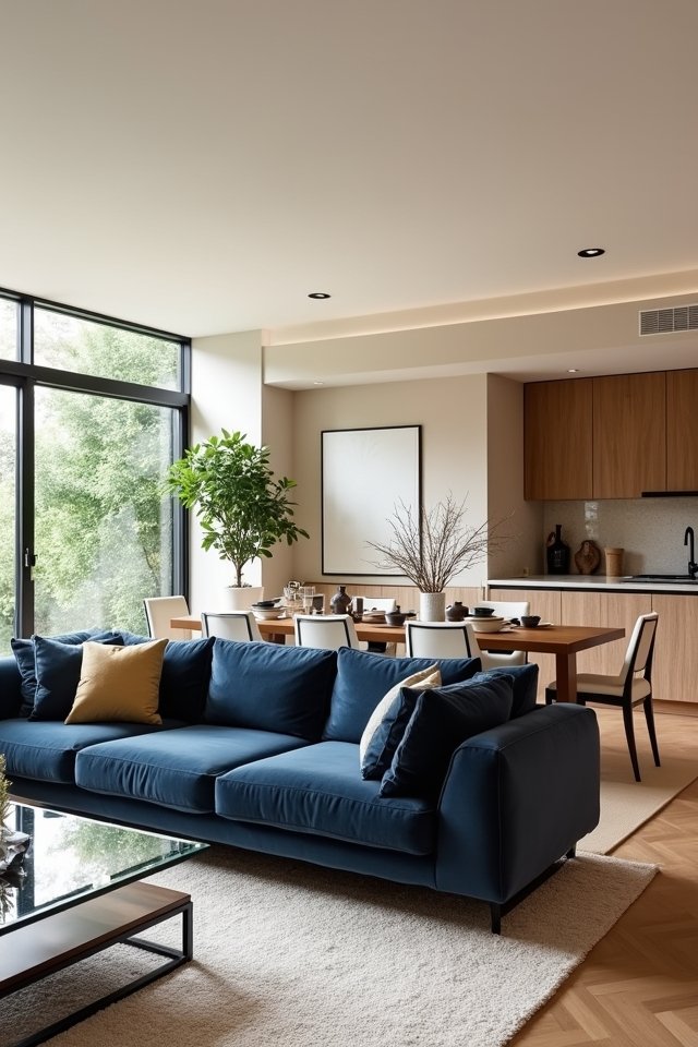 navy sofa connects spaces