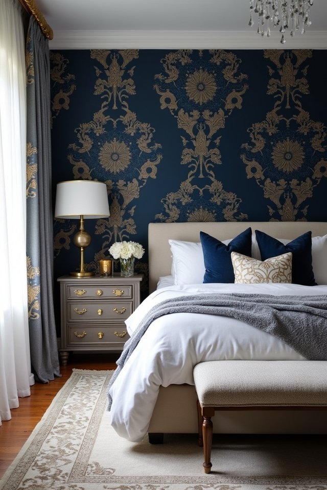navy wallpaper statement wall