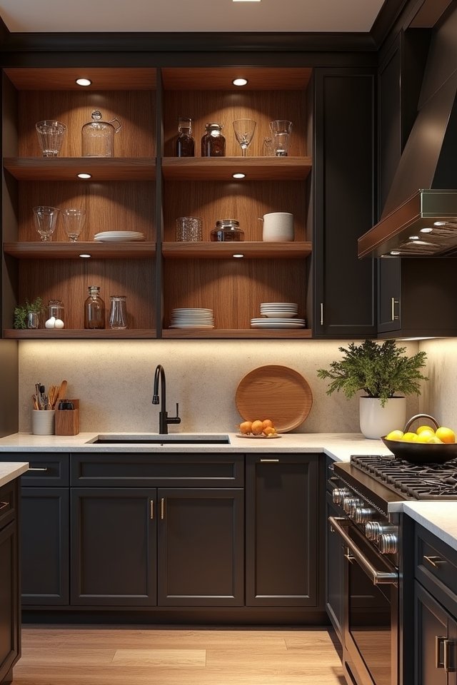 open shelving dark cabinets