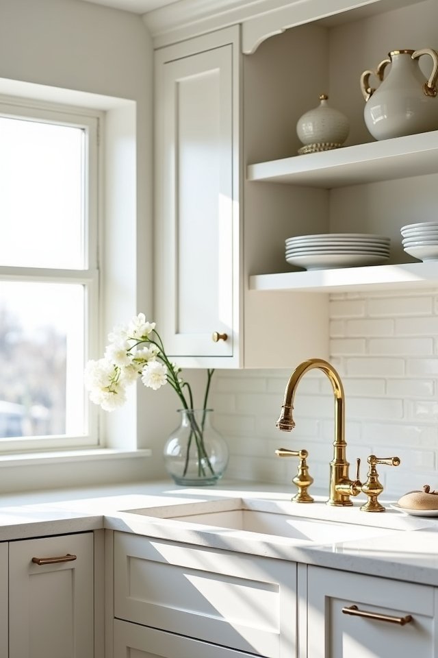 open shelving with gold accents