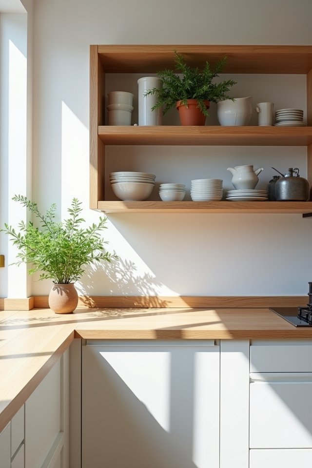 open shelving with oak