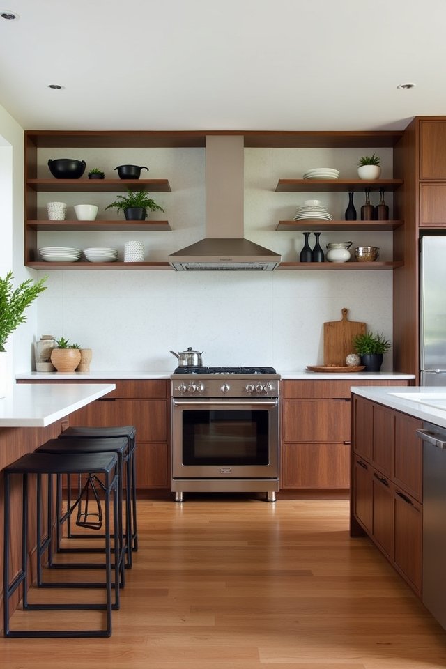 open shelving with walnut accents