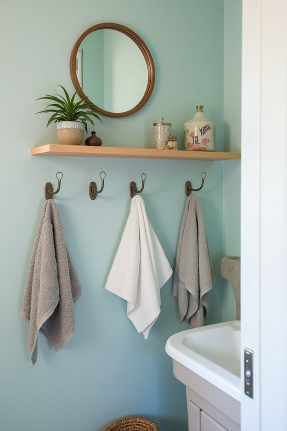 organized bathroom with hooks
