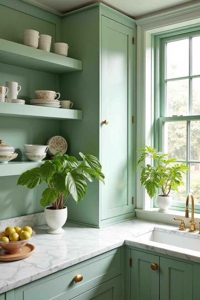 pastel green open shelving