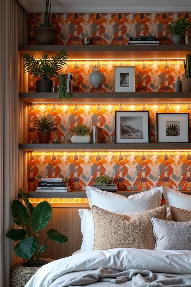 patterned wallpaper shelf ideas