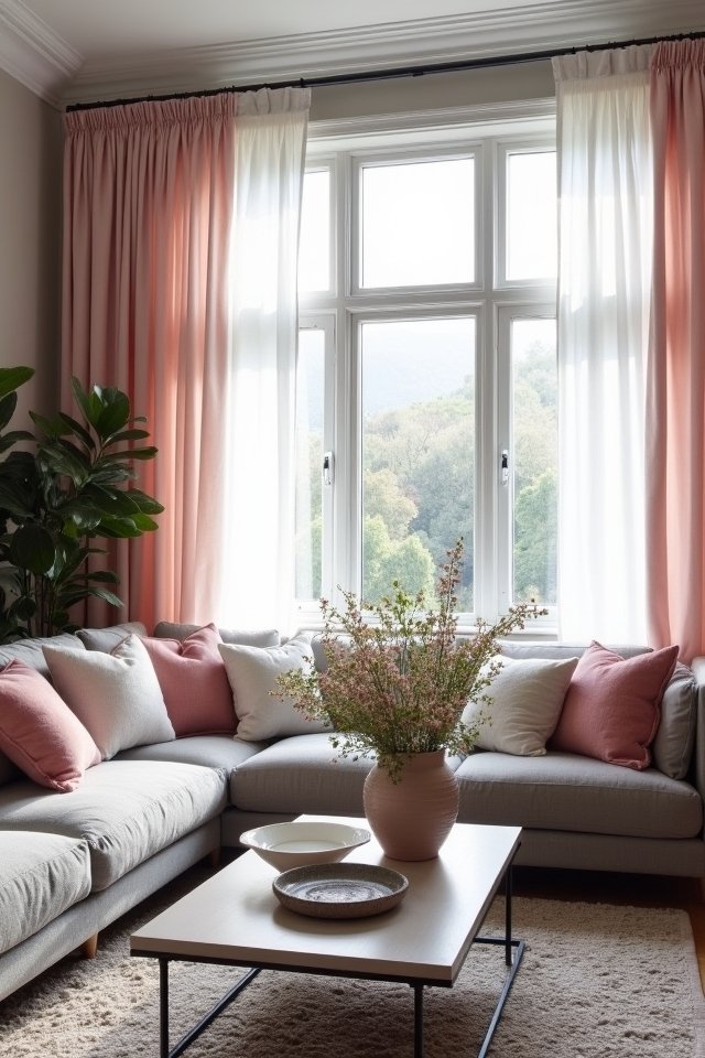 pink curtains grey windows