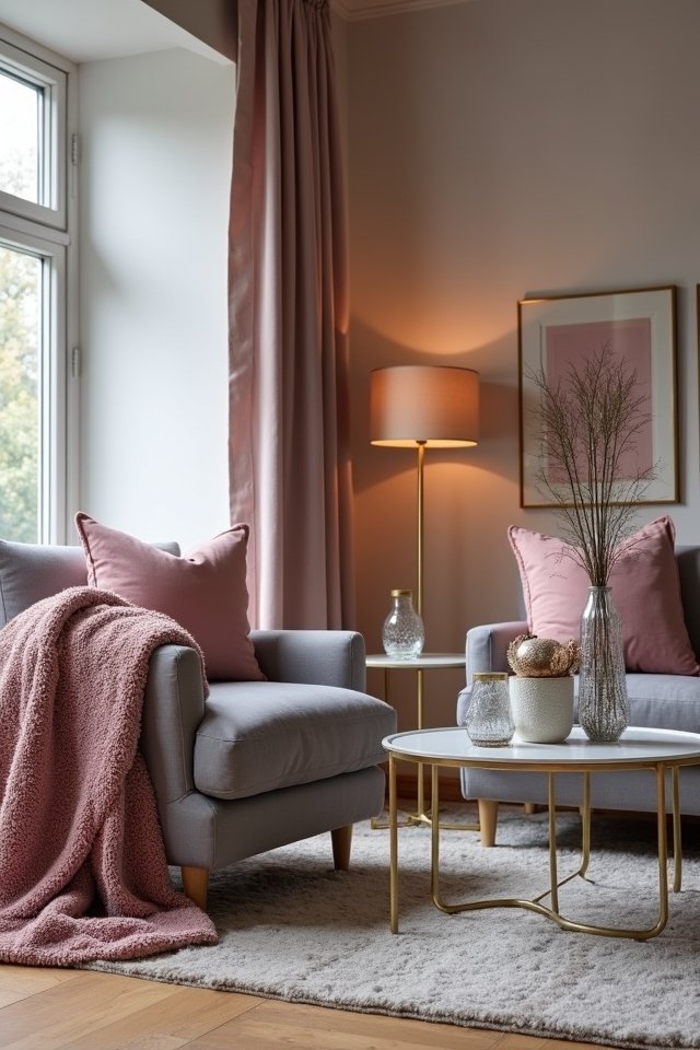 pink cushions grey chairs