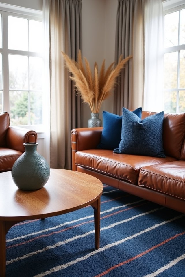 playful blue rug brown furniture