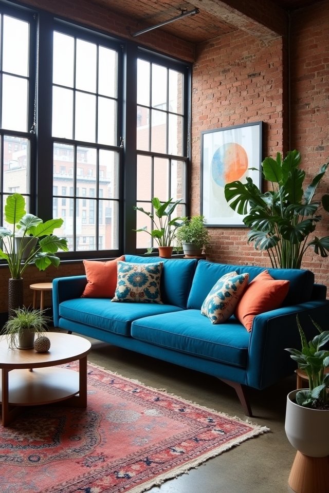 plush blue sofa statement piece
