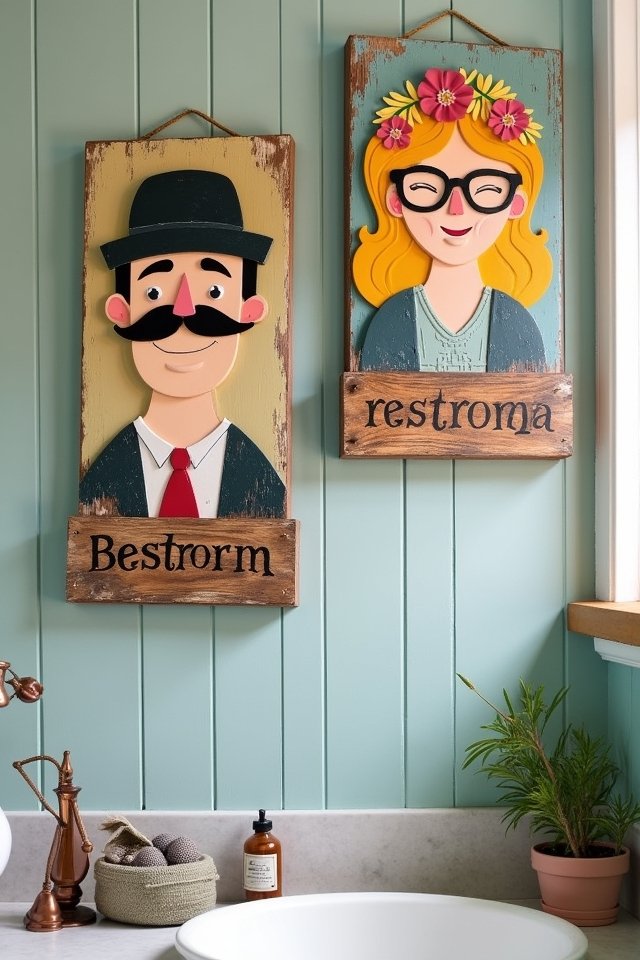 quirky bathroom sign characters