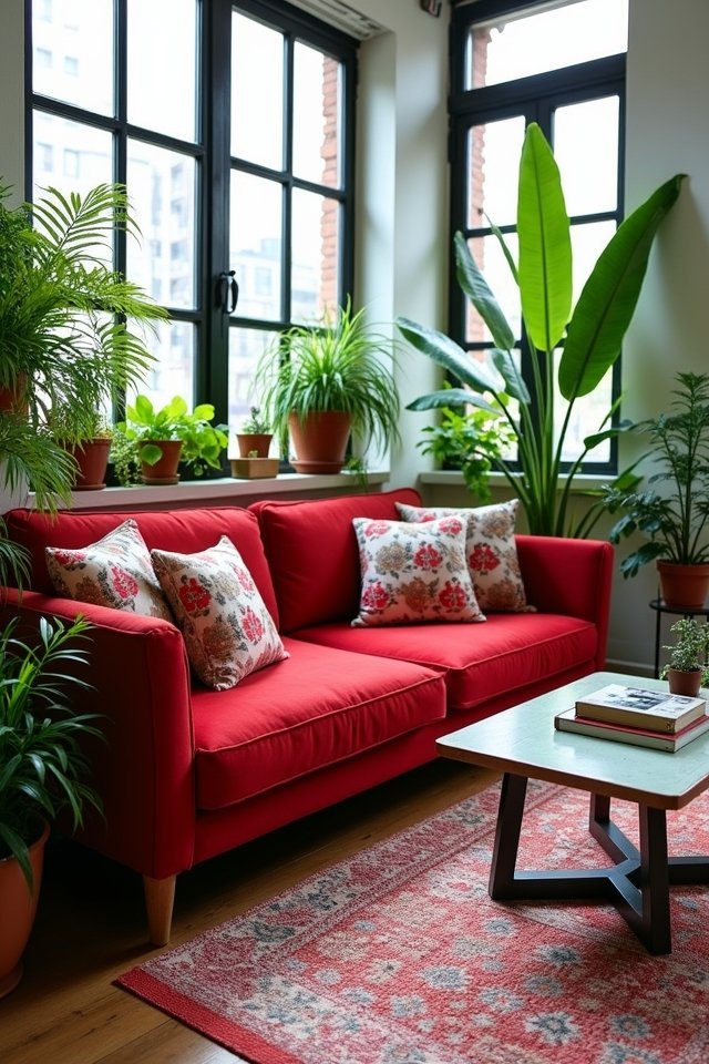 red couch lush greenery