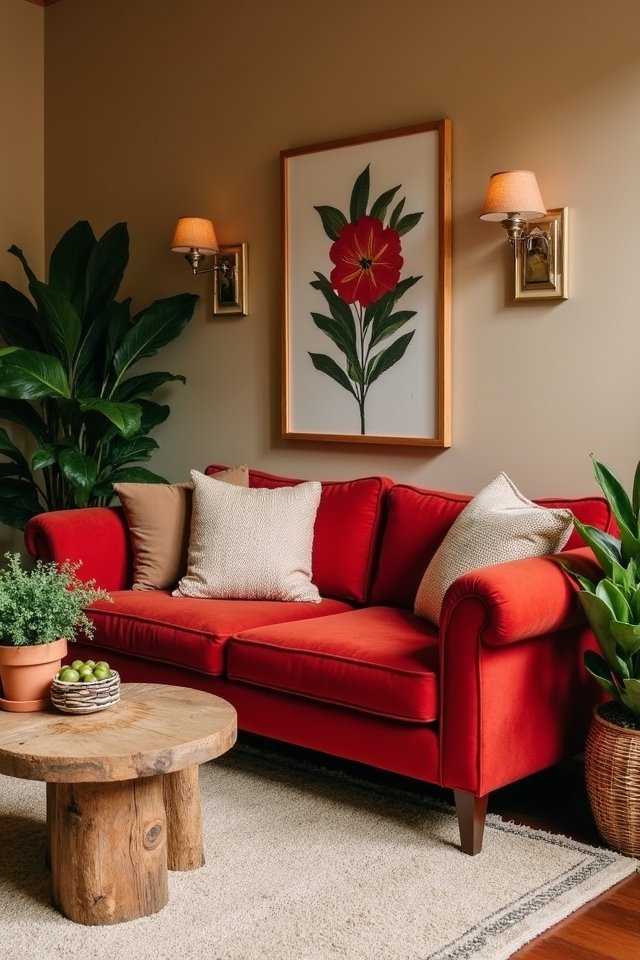 red couch warm neutrals